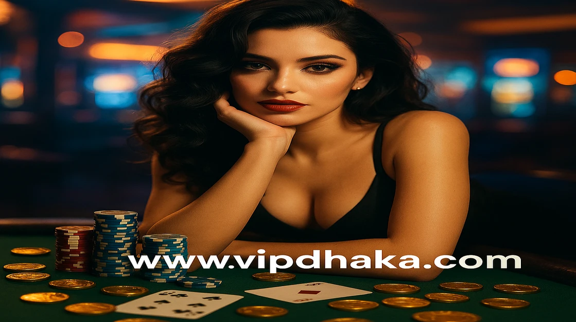vip dhaka লাইভ গেমিং-এ একটি সুন্দর উপস্থাপক আপনাকে ১০০% স্বাগত বোনাসসহ খেলার আমন্ত্রণ জানাচ্ছেন, চারপাশে চিপ আর ভাসমান সোনালি কয়েন জড়িয়ে আছে।